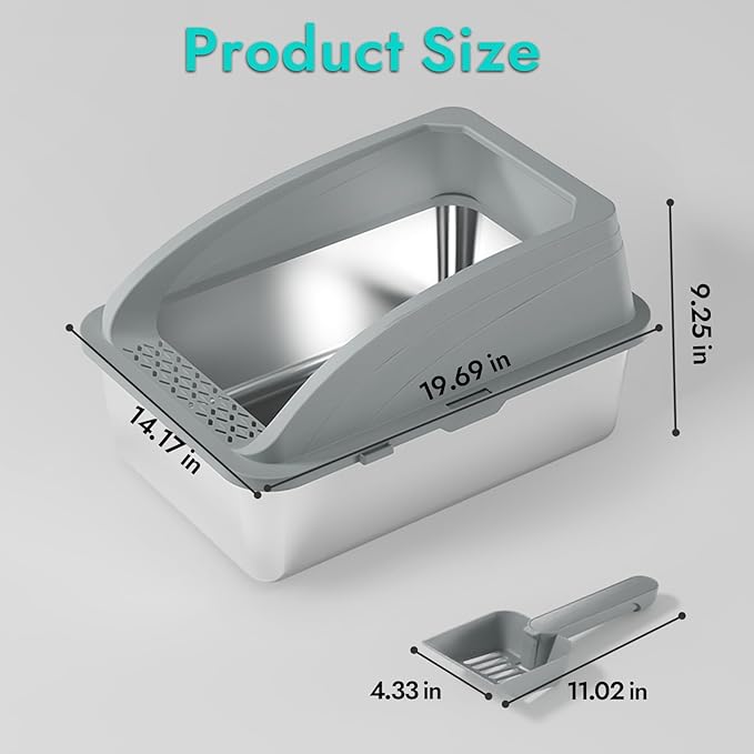 Stainless Steel Litter Box, Metal Litter Box with Scoop, High-Sided Leak-Proof Design, Non-Stick Base, Easy to Clean for Kittens, Senior & All Cats