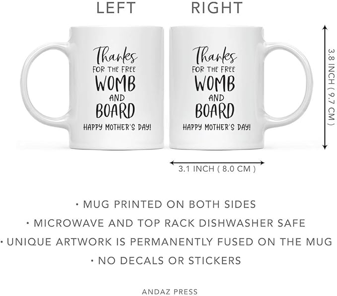Andaz Press Mother's Day 11oz. Ceramic Coffee Tea Mug Gift for Mom, Thanks For The Free Womb and Board, Happy Mothers' Day!, Pregnant Woman Graphic, 1-Pack, Birthday Christmas Gift Ideas