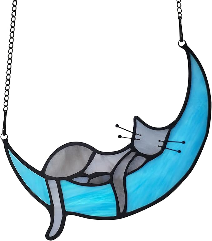 BOXCASA Handcrafted Grey Cat on Moon Stained Glass Suncatcher - Decorative Window Hanging for Cat Lovers, Mothers Day for Women,Mom,Daughter,Wife