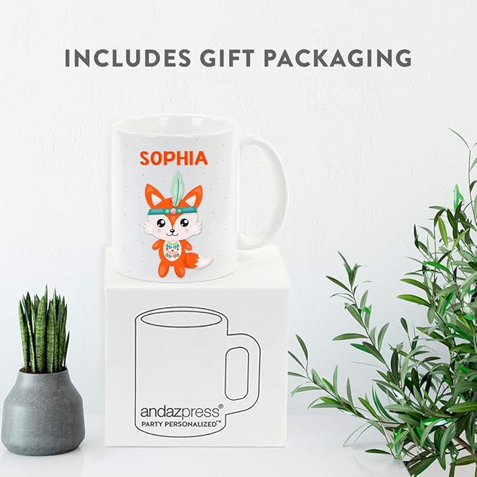 Andaz Press Personalized 11oz. Kids Milk Hot Chocolate Mug, Tribal Fox, 1-Pack, Custom Child’s Birthday Christmas Coffee Cup