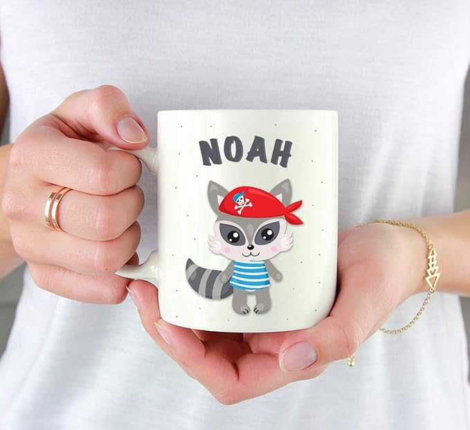 Andaz Press Personalized 11oz. Kids Milk Hot Chocolate Mug, Raccoon Pirate Red Scarf, 1-Pack, Custom Child’s Birthday Christmas Coffee Cup