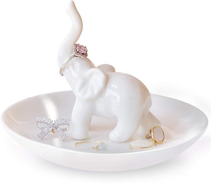 PUDDING CABIN White Elephant Ring Holder Dish Ring Tray for Jewelry | Elephant Gifts for Women Christmas, Birthday, Mother's Day