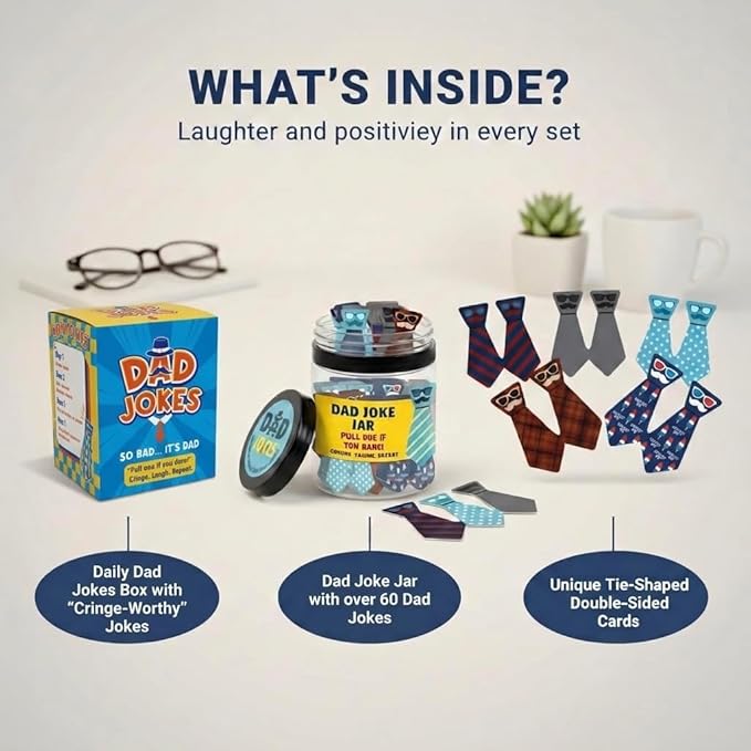DEARMINE 60 Dad Jokes Cards Jar, Funny Birthday Gift for Dads from Daughter, Stocking Stuffers, Christmas White Elephant Gifts for Adults, Men Granpa Gift, Funny Gag Gifts for Men