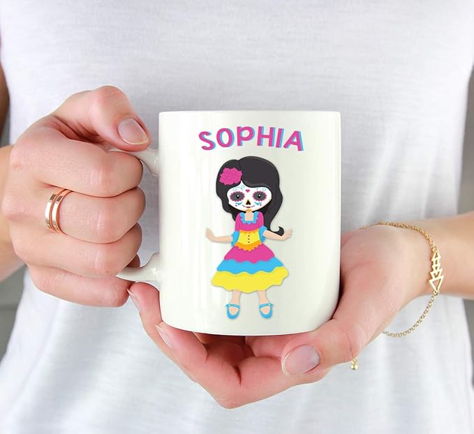 Andaz Press Personalized 11oz. Kids Hot Chocolate Mug, Mexican Day of the Dead Dia de Los Muertos Girl, 1-Pack, Custom Child’s Birthday Christmas Coffee Cup