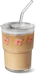 Olvini 13oz Glass Tumbler with Straw and Lid, Reusable Iced Coffee Cup Tumbler, Cute Glass Cups for Water, Matcha, Travel Coffee Mugs (Pink Flower)