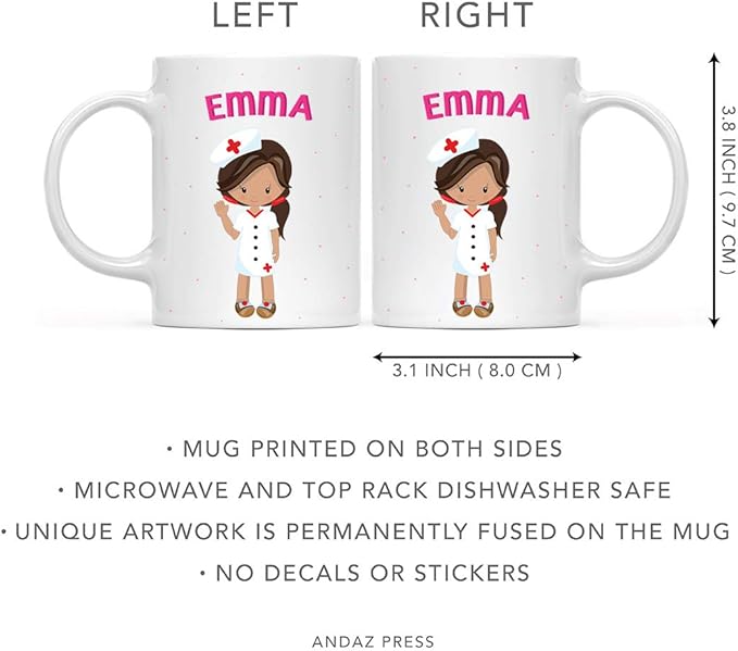 Andaz Press Personalized 11oz. Kids Milk Hot Chocolate Mug, Brown Haired Girl Nurse, 1-Pack, Custom Child’s Birthday Christmas Coffee Cup