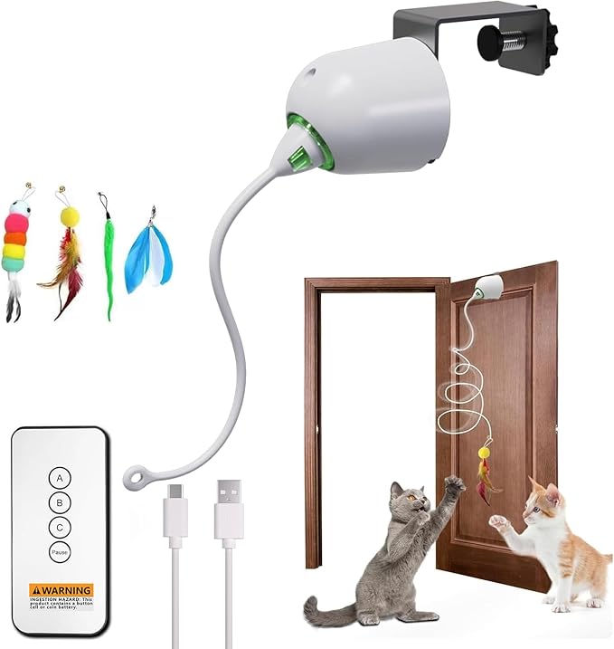 Automatic Door Hanging Cat Toy - Rechargeable Electric Feather Teaser Remote Control, 4 Replaceable Feathers, Interactive Exercise Toy for Indoor Cats & Kittens (White)