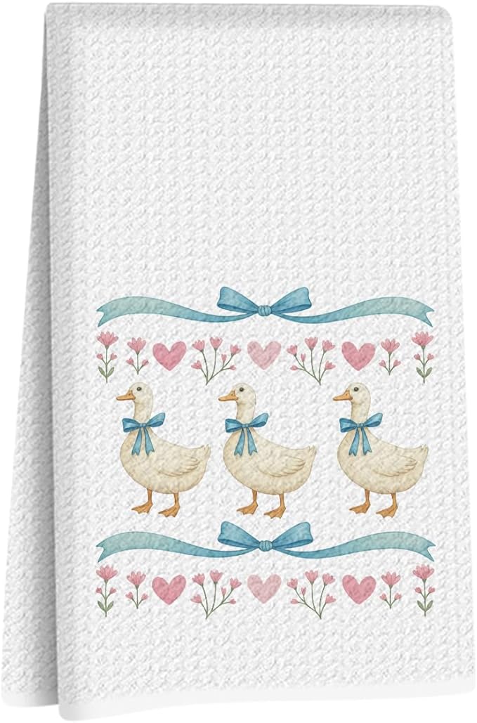Lovdazzles Adorable Duck Kitchen Towels, Rustic Flower Decorative Absorbent Microfiber Dish Cloth Tea Towel, Coquette Bow Waffle Soft Hand Towels for Kitchen Home Bathroom Kitchen Decor, Duck Gifts