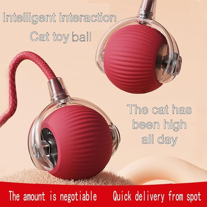 Silicone Cat Ball Toy - Smart Automatic Rolling Toy for Indoor Pets - Electric Cat Toy Ball with Tail with Motion-Activated, Fast Self-Rolling for Bored Cats & Dogs (Red)