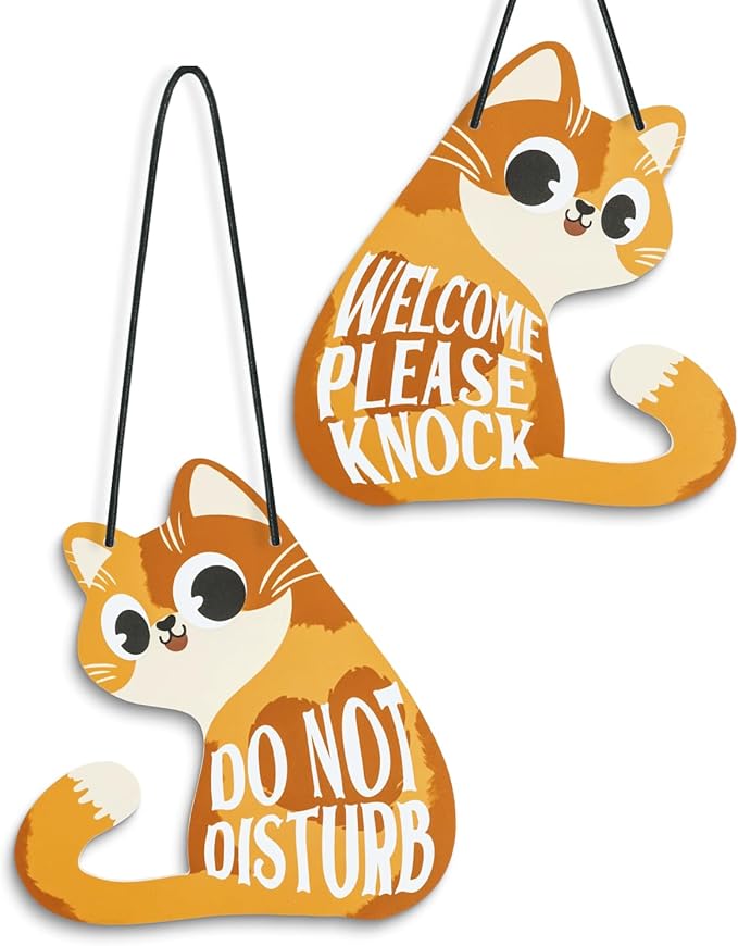 Putuo Decor Do Not Disturb Sign Welcome Please Knock, Cute Cat Door Sign Decor Reversible Double Sided Aesthetic Hanger Plaque for Room Front Door Porch Home Decor, Cat Lover Gifts Orange