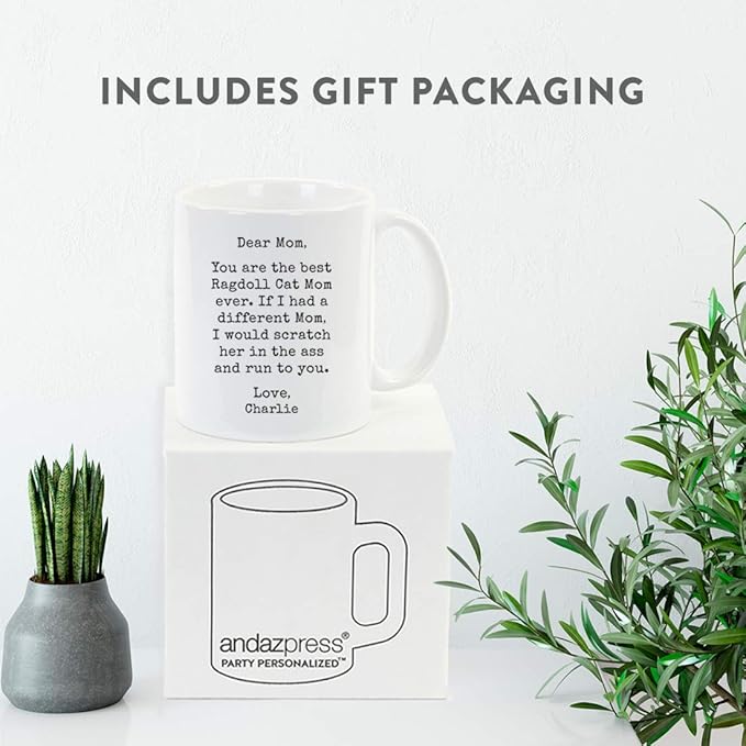 Andaz Press Personalized Funny Mom 11oz. Coffee Mug Gag Gift, Best Ragdoll Cat Mom, Scratch in Ass and Run to You, 1-Pack, Custom Cat Lover's Christmas Birthday Ideas, Includes Gift Box