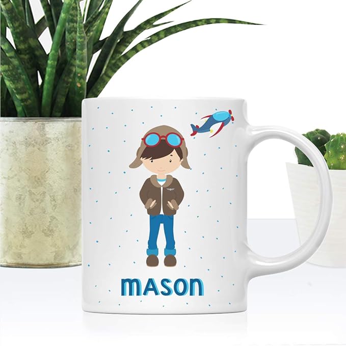 Andaz Press Personalized 11oz. Kids Hot Chocolate Mug, Boy Pilot, 1-Pack, Custom Child’s Birthday Christmas Coffee Cup