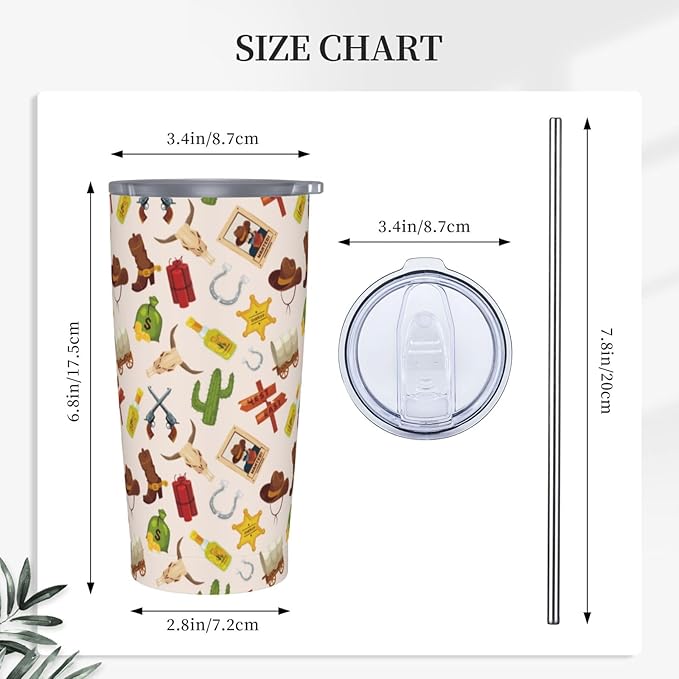 Western Tumbler 20oz Boho Western Stainless Steel Insulated Tumblers with Lid and Straw Beige Travel Coffee Mug Tea Wine Cups Water Bottle Gifts for Women