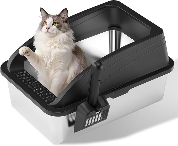 Stainless Steel Litter Box, Metal Litter Box with Scoop, High-Sided Leak-Proof Design, Non-Stick Base, Easy to Clean for Cat, Rabbit, Guinea Pigs and Hamsters (Black)