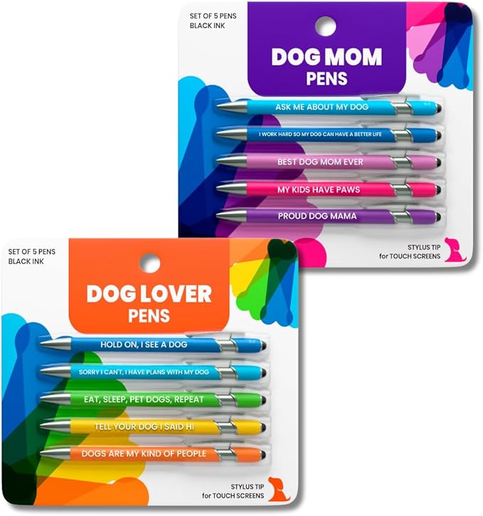 rubyloo Funny Dog Mom & Dog Lover Gift Pen Set – 2 Pack of 5-Pen Sets with Black Ink Stylus Tips & Metal Barrels – Doggy Mom Gift for Women, Friends, Coworkers for Mother's Day or Birthday Present