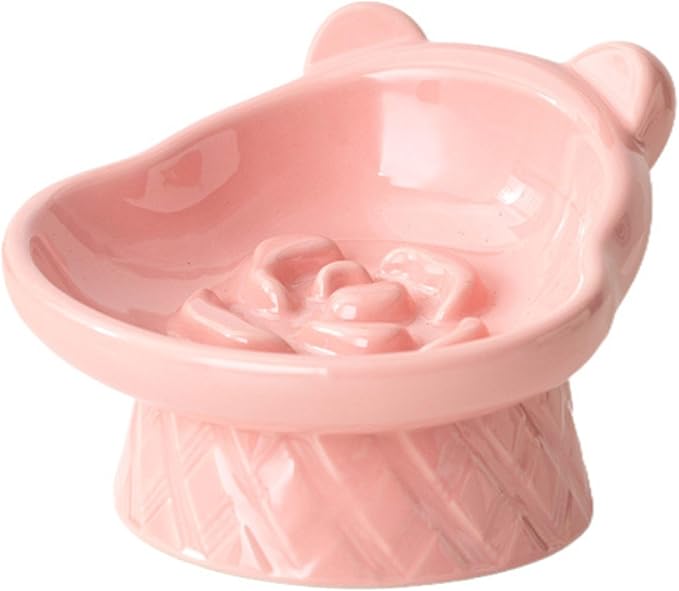 Winnie The Pooh Series Ceramic Slow Feeder Cat Bowl, Raised Anti-Gulping Design with Bear Ears, Pastel Colors, Quilted Pattern Base (Pink)