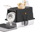 Stainless Steel Cat Litter Box, XL Enclosed Cat Litter Box with Lid, Easy to Clean High-Sided Metal Kitty with Top Entry, Scoop, Mat, Brush & Foot Pedal-Black