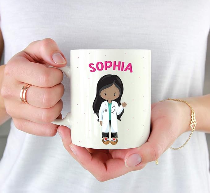 Andaz Press Personalized 11oz. Kids Milk Hot Chocolate Mug, Black Haired Girl Doctor, 1-Pack, Custom Child’s Birthday Christmas Coffee Cup