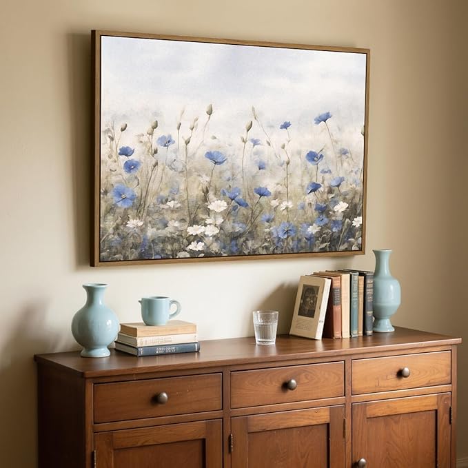 Vintage Floral Wall Art Blue White Flower Canvas Art Prints Wildflower Pictures Wall Decor Nature Landscape Oil Painting Framed Botanical Artwork for Girls Room Bedroom Farmhouse Decoration, 20''x28''