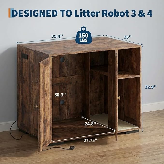 Litter Box Enclosure Cabinet, Built-in Power Outlet & 5 Ft Cord, Cat Litter Furniture with Dog-Proof Shelf and Mat, Fits Most Self-Cleaning Litter Boxes, Brown