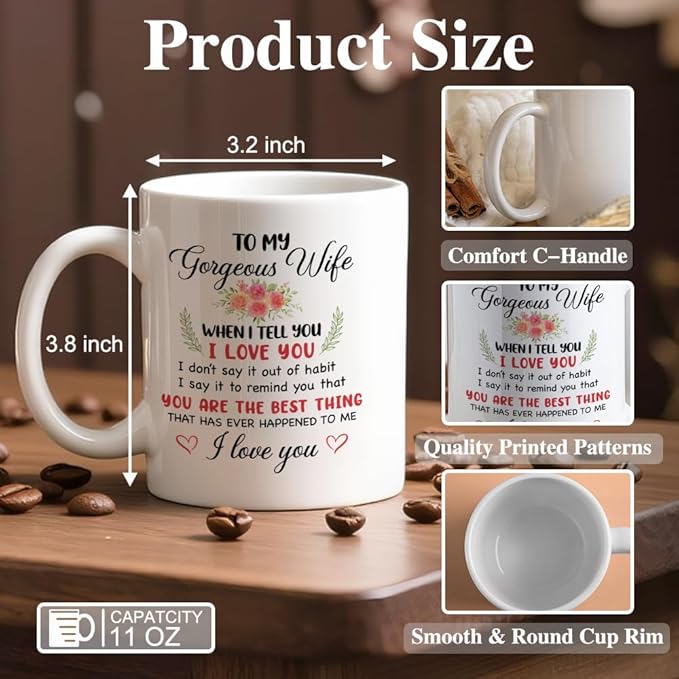 To My Gorgeous Wife Ceramic Coffee Mug for Women, Anniversary Birthday Romantic Gifts for Her Women Wife, Funny 11oz Christmas Day Gifts From Husband, Forever Love Valentine's Day Present