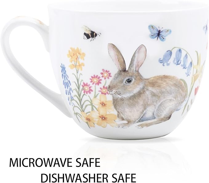 20 oz Easter Bunny Coffee Hug Mug, Spring Flowers & "Happy Days" Slogan, Premium Bone China Rabbit Tea Mug, Cute Easter Gift for Women, Family, Friends, Designed in England by Harvest Green Studio