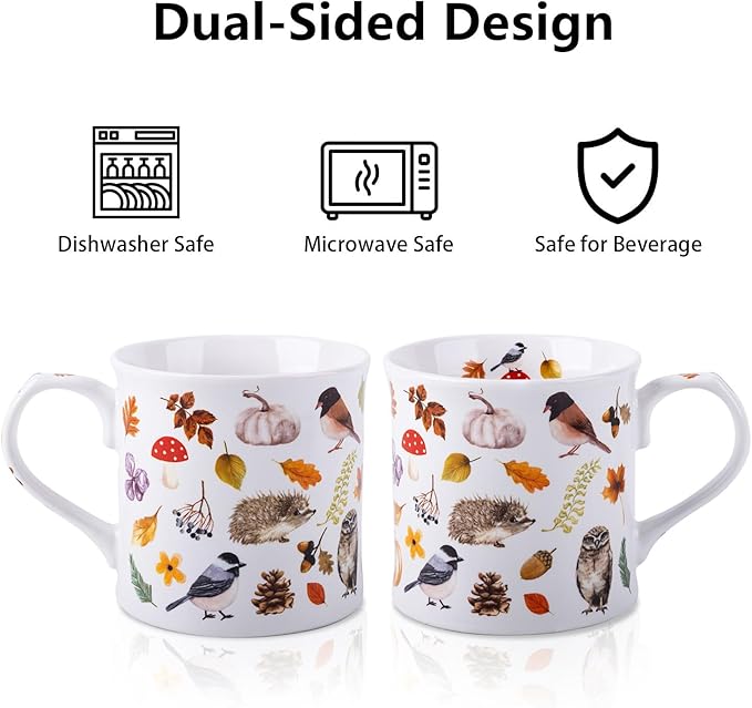 Autumn Animals Coffee Mug, 12 oz New Bone China Mug with Bird, Hedgehog, Owl & Pumpkin Design, Halloween & Fall Seasonal Ceramic Tea Mug, Nature Lover Gift, Designed in England by Harvest Green Studio