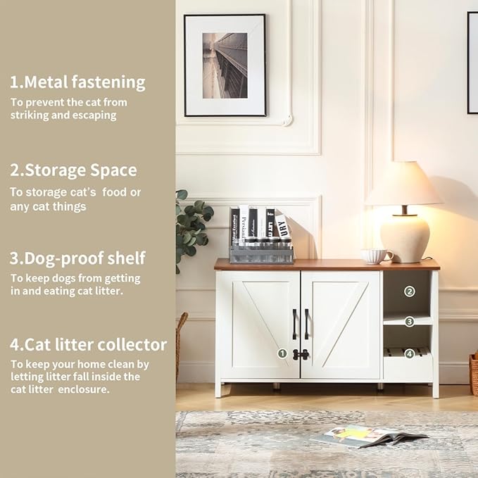 41.3'' Cat Litter Box Enclosure,Adjustable Shelf for Dog Proof and Storage,Locks Added for Cat,Litter Collector,Modern Indoor Cat Washroom Cabinet,Antique White