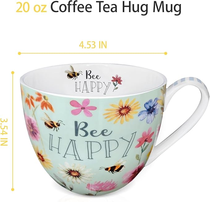 20 oz Bees & Flowers Coffee Hug Mug,“Be Happy” Designed to Spread Joy, Premium Bone China, Best Gifts for Mom Women Mothers Day, Designed in England by Harvest Green Studio