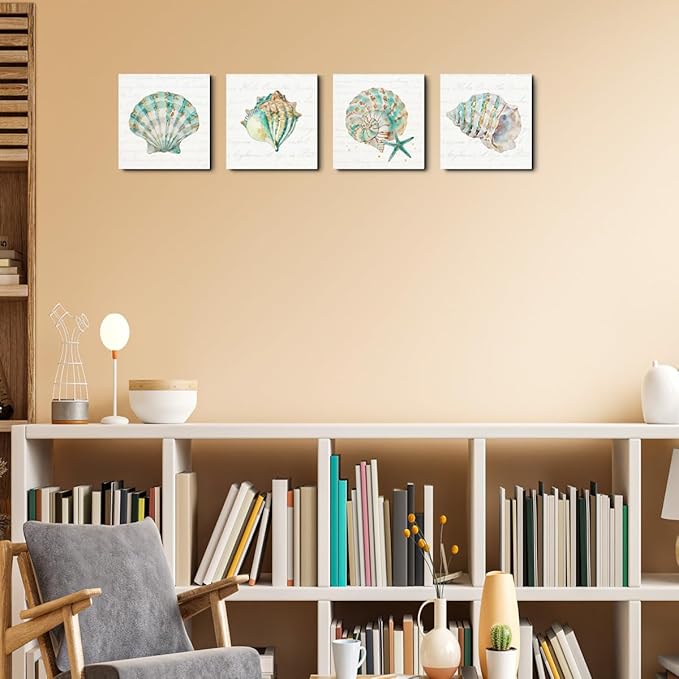 4 Pcs Seashells Starfish Wall Art, 7.9x7.9in Beach Framed Art Paintings Wall Decor Ocean Inspired Seaside Ocean Inspired for Living Room Bathroom Beach House Home Kitchen Decor