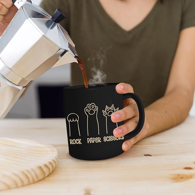 Cat Paw Black Mugs - Cute Paw Designs for Cat Lovers, Rock Paper Scissors Mug 11oz