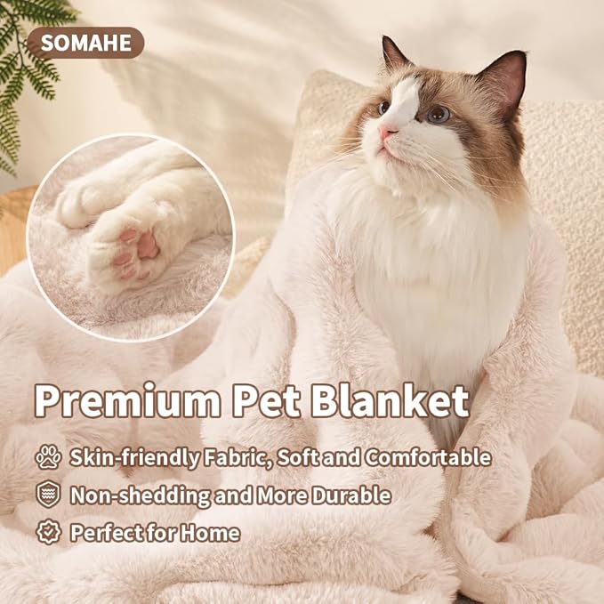 SOMAHE Self-Warming Cat Blanket for Indoor Cats & Small Dogs, Dual-Side Sherpa Plush Throw, Anti-Static Shared Couch Mat for Crate & Travel, Machine Washable No Shrink, 28x22 Inch White