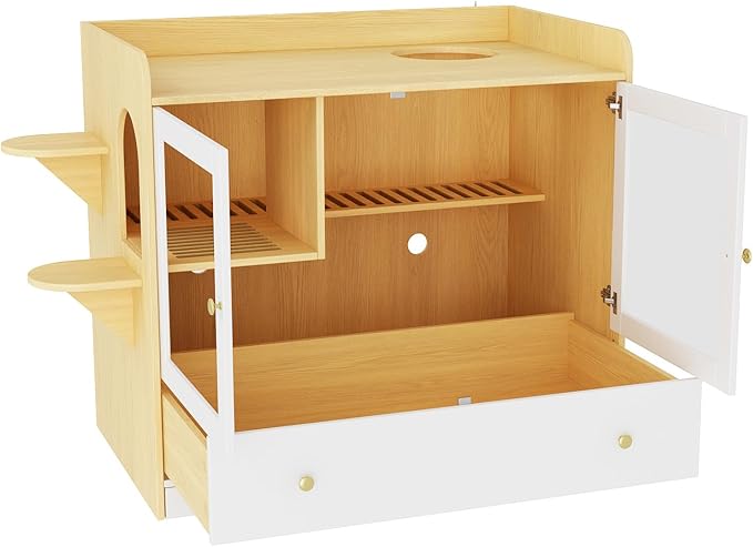 Extra Large Cat Litter Box Enclosure Furniture Hidden, Cat Condo Cabinet Pet House with Stairs for 2, Nightstand Side Table witha Large Drawer for Living Room, Natural