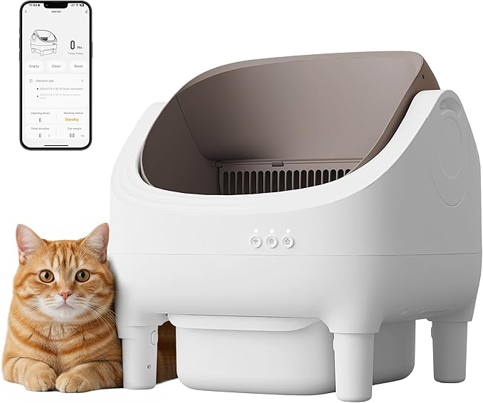 WARCAT Litter Box – Electric Automatic Self-Cleaning, Open-Top Design, Smart APP Control, 15L Large Waste Bin, Easy Odor Control, Includes Trash Bags & Mat (Brown)