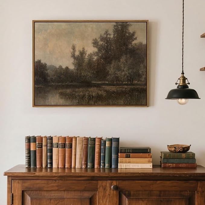Vintage Landscape Art Prints Forest Lake Scenery Wall Art Moody Swamp Pictures Wall Decor Nature Wilderness Illustrations Fine Art Decor Framed for Living Room Bedroom Farmhouse Office - 12x16 Inch