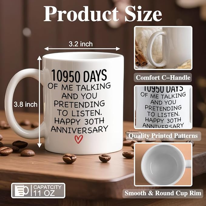 10950 Days Of Me Talking And You Pretending Ceramic Coffee Mug for Women Men, Funny 11oz Happy 30th Anniversary Cup, Funny Wedding Anniversary Birthday Gifts, 30th Year Valentine's Day Present
