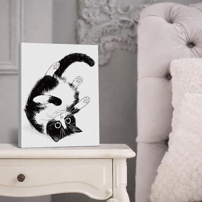 Modern Tuxedo Cat Wall Art Decor Cute Black and White Cat Print Picture Wall Decor for Home Living Room 8x10 Inch Canvas Framed