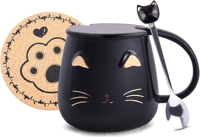 Pink Ceramic Coffee mug Cute Cat Handmade Tea Cups with Stainless Steel Spoon Kitty Cup Unique Hot chocolate Novelty mugs Christmas Birthday for Girls Women (Black)