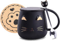Pink Ceramic Coffee mug Cute Cat Handmade Tea Cups with Stainless Steel Spoon Kitty Cup Unique Hot chocolate Novelty mugs Christmas Birthday for Girls Women (Black)