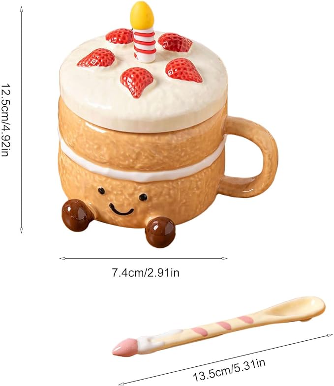 Adorable Cake Ceramic Coffee Mug, 400ml Cute funny Mug For Women, Cake Shaped Aesthetic Mugs Tea Cup with Lid Spoon for Birthday Valentines Day Home Office School