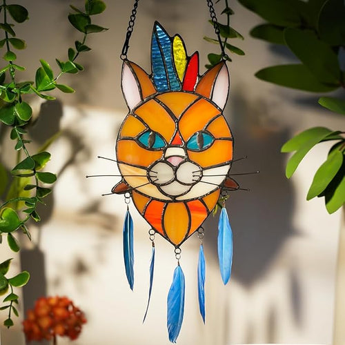 BOXCASA Orange Cat Decor: Stained Glass Window Hangings and Suncatcher - Indian Feathers Decoration for Cat Lovers