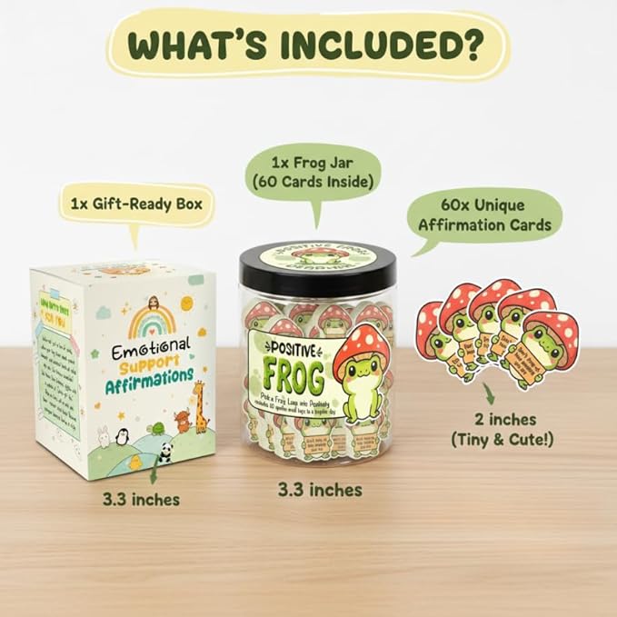 DEARMINE Positive Frog Jar with 60 Affirmation Cards, Emotional Support Gift, Christmas Home Office Decoration, Frog Gifts for Women, Teens, Teachers, Coworkers, Friends, Men
