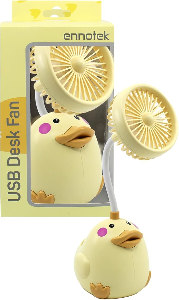 Cute Yellow Duck Desk Fan with Pen Holder — Animal Fan, Duck Decor for Office, Funny Accessories, Small USB Fan, Unique Teacher Gift, Coworker Gift, Novelty Decor