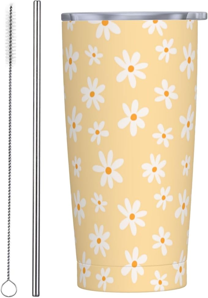 Daisy Tumbler 20oz Floral Stainless Steel Insulated Tumblers with Lid and Straw Yellow Travel Coffee Mug Tea Wine Cups Water Bottle Daisy Gifts for Women