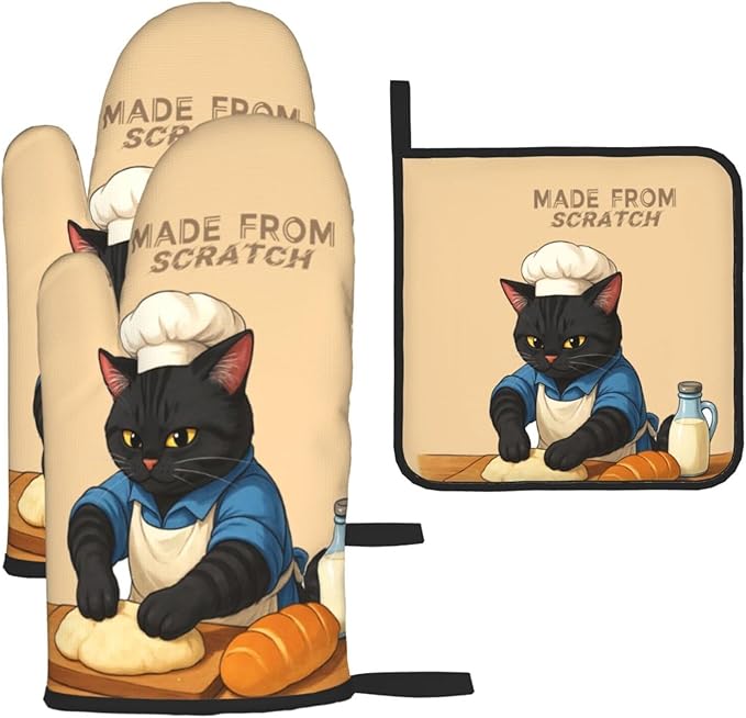Funny Black Cat Oven Mitts and Pot Holders Set, Heat Resistant Cute Oven Gloves Hot Pads for Cooking Grilling Baking Kitchen Decor, Black Cat Lover Gifts for Chef Baker, Baking Gifts for Women