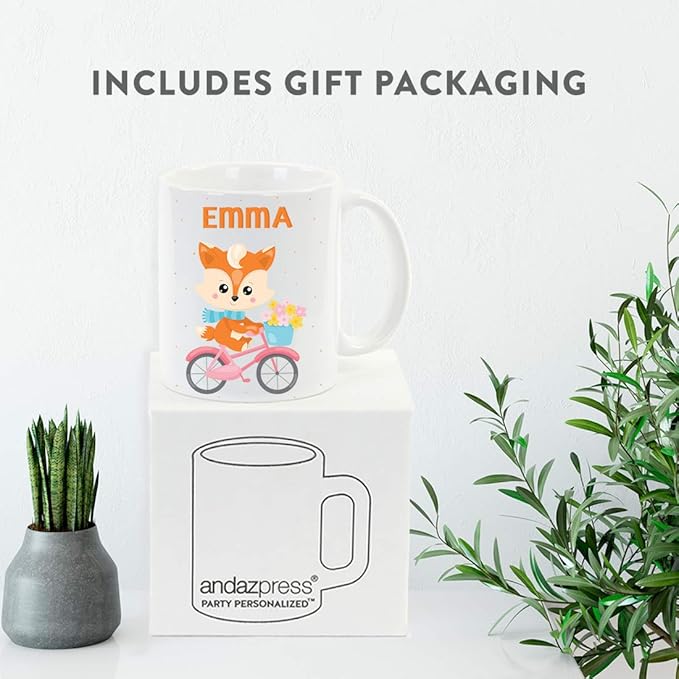 Andaz Press Personalized 11oz. Kids Milk Hot Chocolate Mug, Fox Pink Bicycle, 1-Pack, Custom Child’s Birthday Christmas Coffee Cup