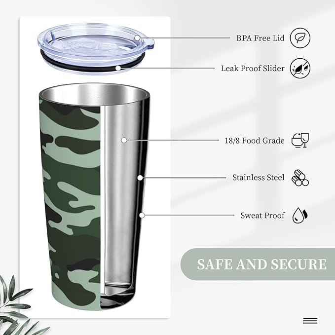 Camo Tumbler 20oz Camo Stainless Steel Insulated Tumblers with Lid and Straw Green Travel Coffee Mug Tea Wine Cups Water Bottle Holiday Gifts for Women