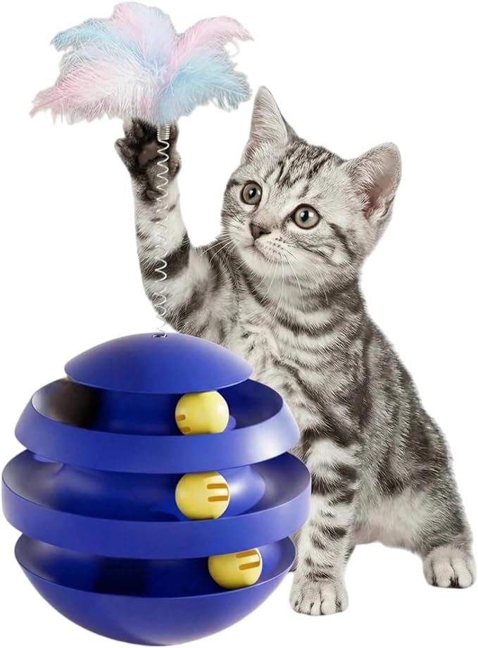 Cat Toys for Indoor Cats, Interactive Cat Toy Ball Track with Feather Sticks, 3 Spinning Balls, Wobble Rotating Tumbler Base for Bored Indoor Adult Cats to Play Alone, Reduce Anxiety(Blue).
