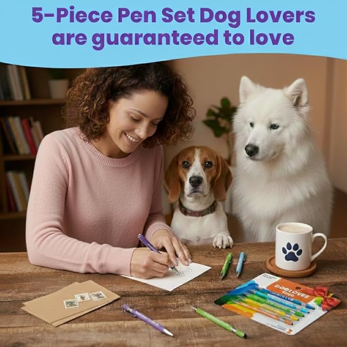 Funny Dog Lover Gift Pen Set – 5 Black Ink Ballpoint Pens with Stylus Tip & Quality Metal Barrel with Doggy-Themed Quotes – Cool Dog Lover Gift for Women, Friends, Vet Tech, Pet Owner, Coworker