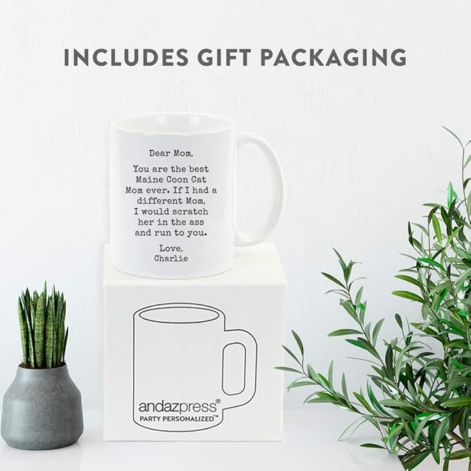 Andaz Press Personalized Funny Mom 11oz. Coffee Mug Gag Gift, Best Maine Coon Cat Mom, Scratch in Ass and Run to You, 1-Pack, Custom Cat Lover's Christmas Birthday Ideas, Includes Gift Box